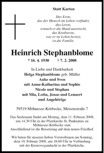 Traueranzeige von Heinrich Stephanblome von Tageszeitung