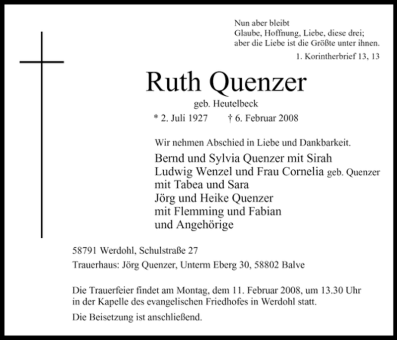  Traueranzeige für Ruth Quenzer vom 08.02.2008 aus Tageszeitung