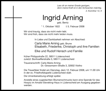 Traueranzeige von Ingrid Arning von Tageszeitung