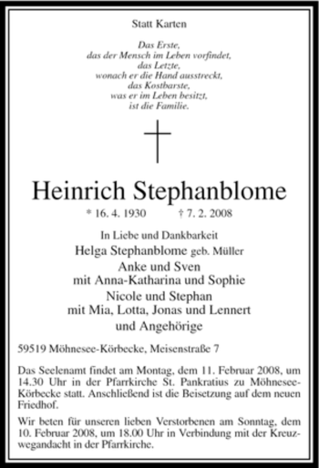 Traueranzeige von Heinrich Stephanblome von Tageszeitung
