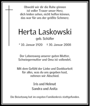 Traueranzeige von Herta Laskowski von Tageszeitung