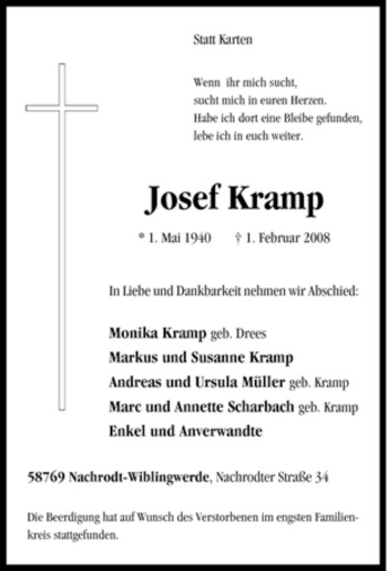 Traueranzeige von Josef Kramp von Tageszeitung