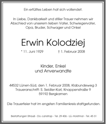Traueranzeige von Erwin Kolodziej von Tageszeitung