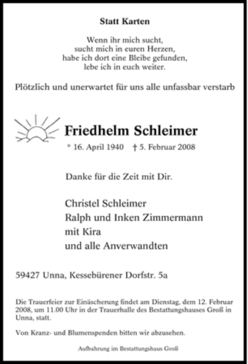 Traueranzeige von Friedhelm Schleimer von Tageszeitung