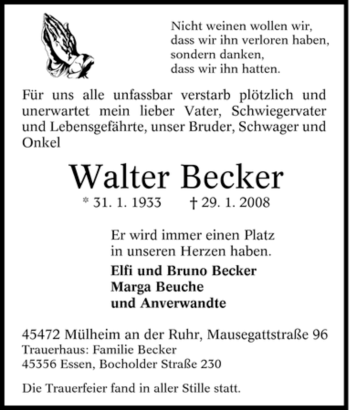 Traueranzeige von Walter Becker von Tageszeitung