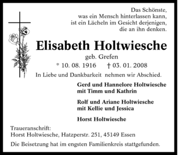 Traueranzeige von Elisabeth Holtwiesche von Tageszeitung