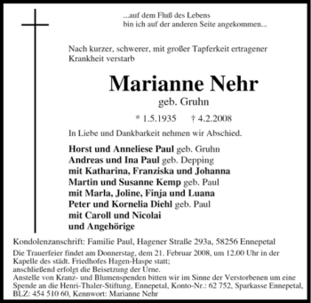 Traueranzeige von Marianne Nehr von Tageszeitung