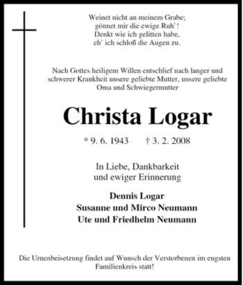 Traueranzeige von Christa Logar von Tageszeitung