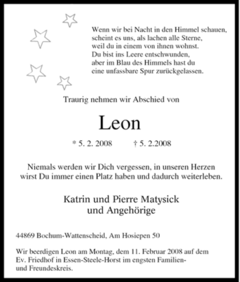 Traueranzeige von Unbekannt Leon von Tageszeitung