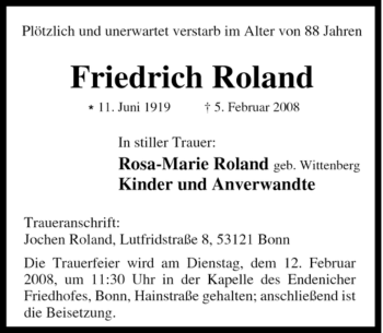 Traueranzeige von Friedrich Roland von Tageszeitung
