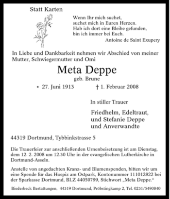 Traueranzeige von Meta Deppe von Tageszeitung