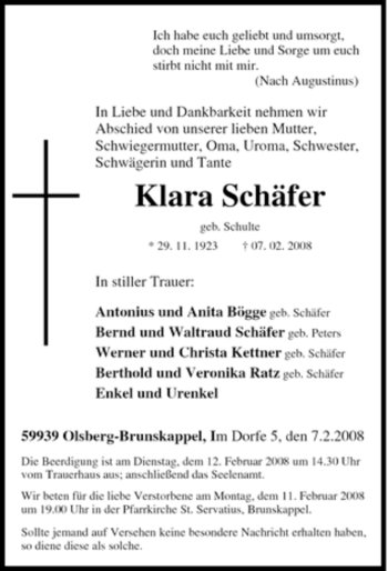 Traueranzeige von Klara Schäfer von Tageszeitung