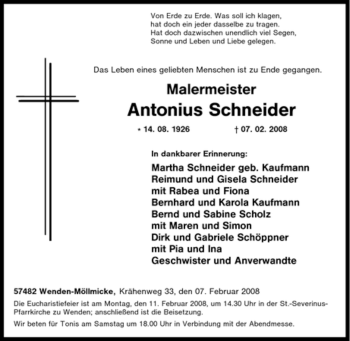 Traueranzeige von Antonius Schneider von Tageszeitung