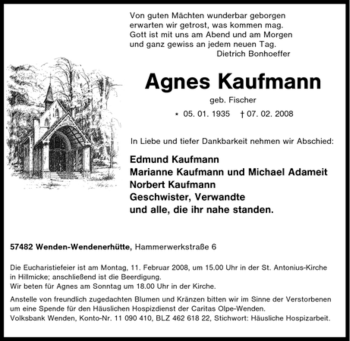 Traueranzeige von Agnes Kaufmann von Tageszeitung