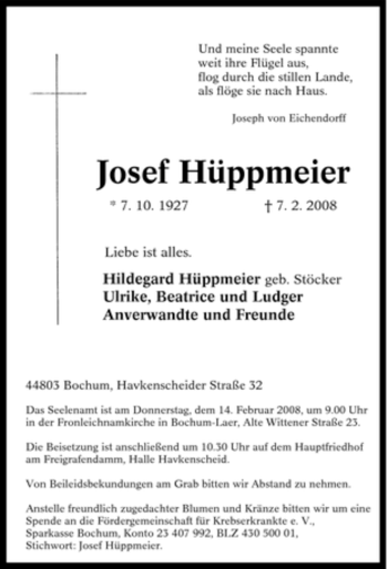 Traueranzeige von Josef Hüppmeier von Tageszeitung