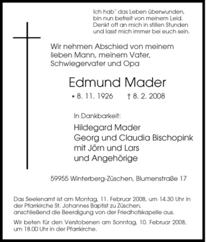  Traueranzeige für Edmund Mader vom 09.02.2008 aus Tageszeitung