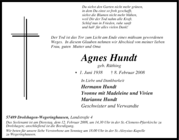 Traueranzeige von Agnes Hundt von Tageszeitung