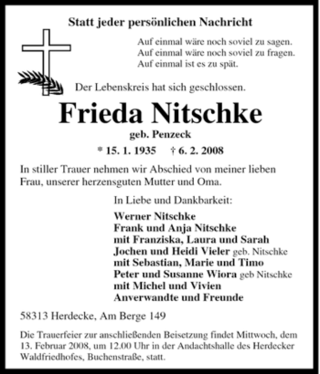 Traueranzeige von Frieda Nitschke von Tageszeitung