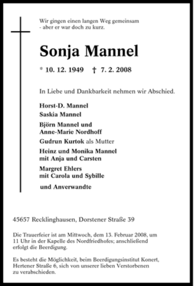 Traueranzeige für Sonja Mannel vom 09.02.2008 aus Tageszeitung