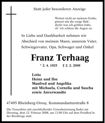Traueranzeige von Franz Terhaag von Tageszeitung