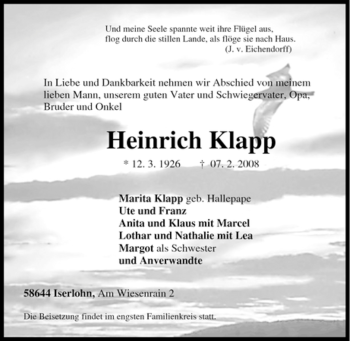 Traueranzeige von Heinrich Klapp von Tageszeitung