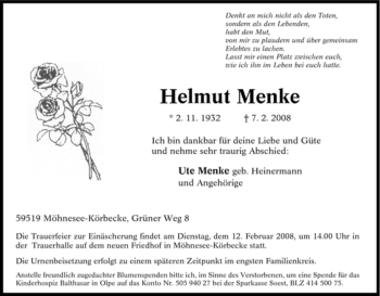 Traueranzeige von Helmut Menke von Tageszeitung