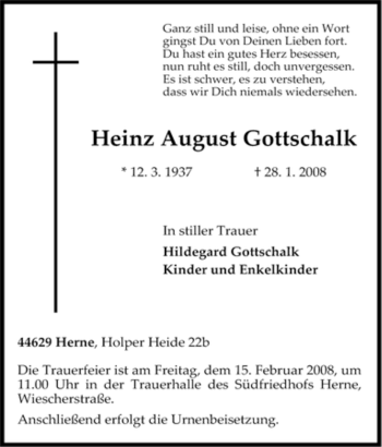 Traueranzeige von Heinz August Gottschalk von Tageszeitung