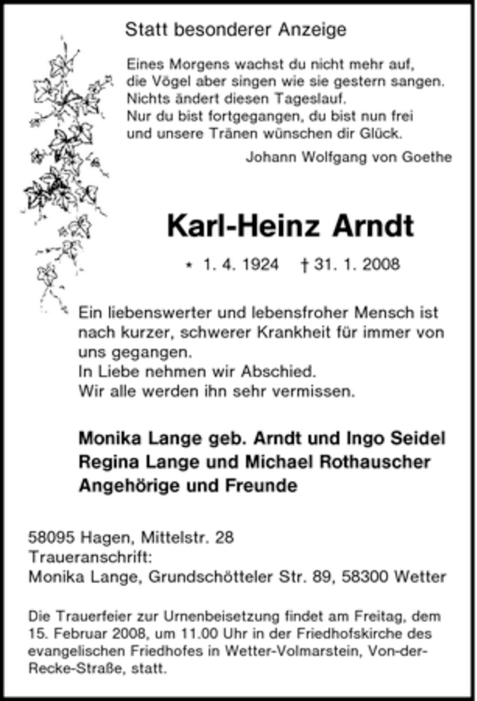  Traueranzeige für Karl-Heinz Arndt vom 09.02.2008 aus Tageszeitung