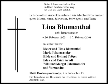 Traueranzeige von Lina Blumenthal von Tageszeitung