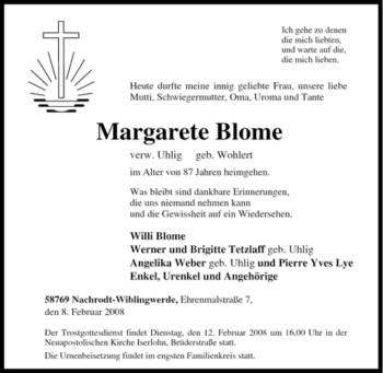Traueranzeige von Margarete Blome von Tageszeitung
