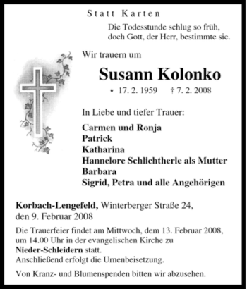 Traueranzeige von Susann Kolonko von Tageszeitung