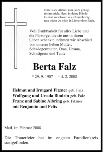 Traueranzeige von Berta Falz von Tageszeitung