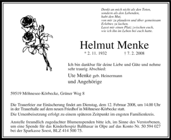 Traueranzeige von Helmut Menke von Tageszeitung