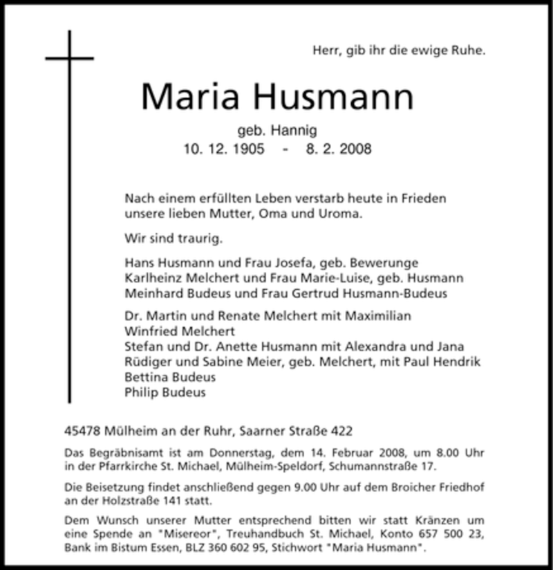  Traueranzeige für Maria Husmann vom 11.02.2008 aus Tageszeitung