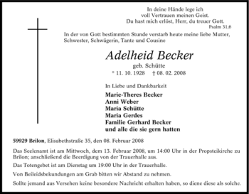 Traueranzeige von Adelheid Becker von Tageszeitung