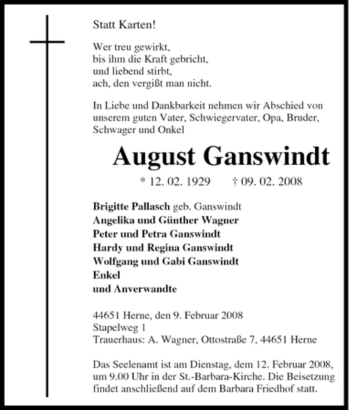 Traueranzeige von August Ganswindt von Tageszeitung