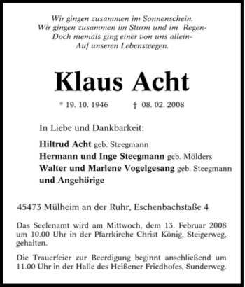Traueranzeige von Klaus Acht von Tageszeitung