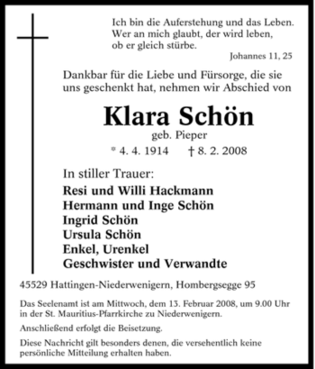 Traueranzeige von Klara Schön von Tageszeitung