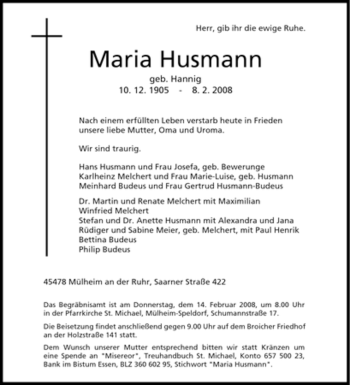 Traueranzeige von Maria Husmann von Tageszeitung