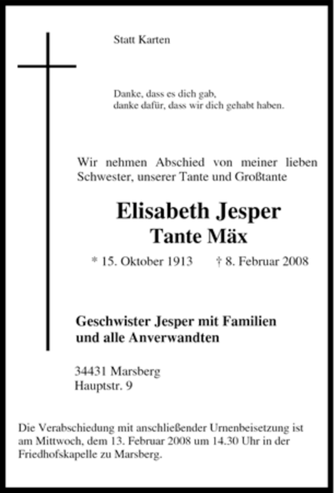  Traueranzeige für Elisabeth Jesper vom 11.02.2008 aus Tageszeitung