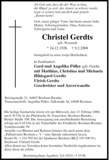 Traueranzeige von Christel Gerdts von Tageszeitung