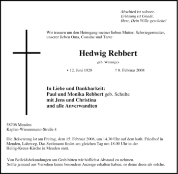 Traueranzeige von Hedwig Rebbert von Tageszeitung