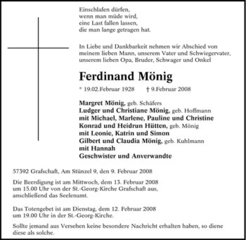 Traueranzeige von Ferdinand Mönig von Tageszeitung