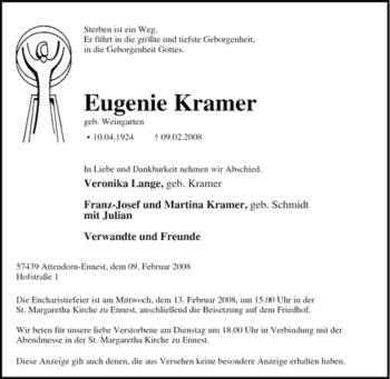 Traueranzeige von Eugenie Kramer von Tageszeitung