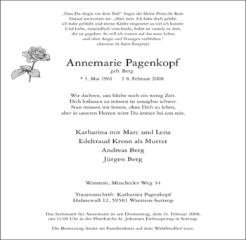 Traueranzeige von Annemarie Pagenkopf von Tageszeitung