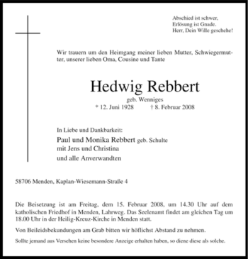 Traueranzeige von Hedwig Rebbert von Tageszeitung