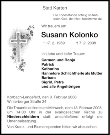 Traueranzeige von Susann Kolonko von Tageszeitung