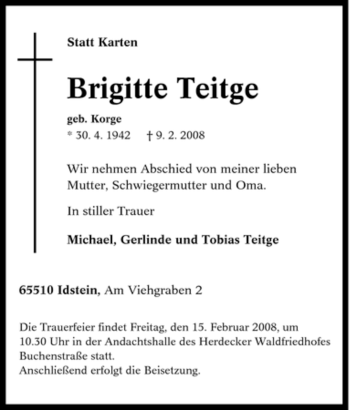 Traueranzeige von Brigitte Teitge von Tageszeitung