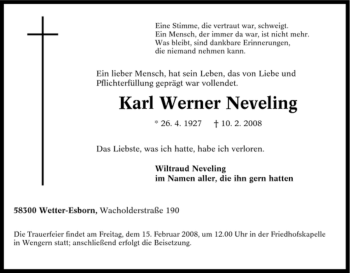 Traueranzeige von Karl Werner Neveling von Tageszeitung
