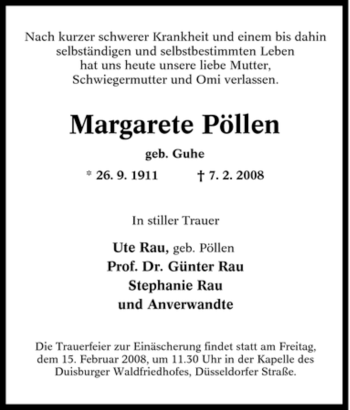 Traueranzeige von Margarete Pöllen von Tageszeitung